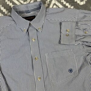 Ariat Pro Series Shirt Mens M Blue White Hickory Stripe Button Pro Fishing Gear